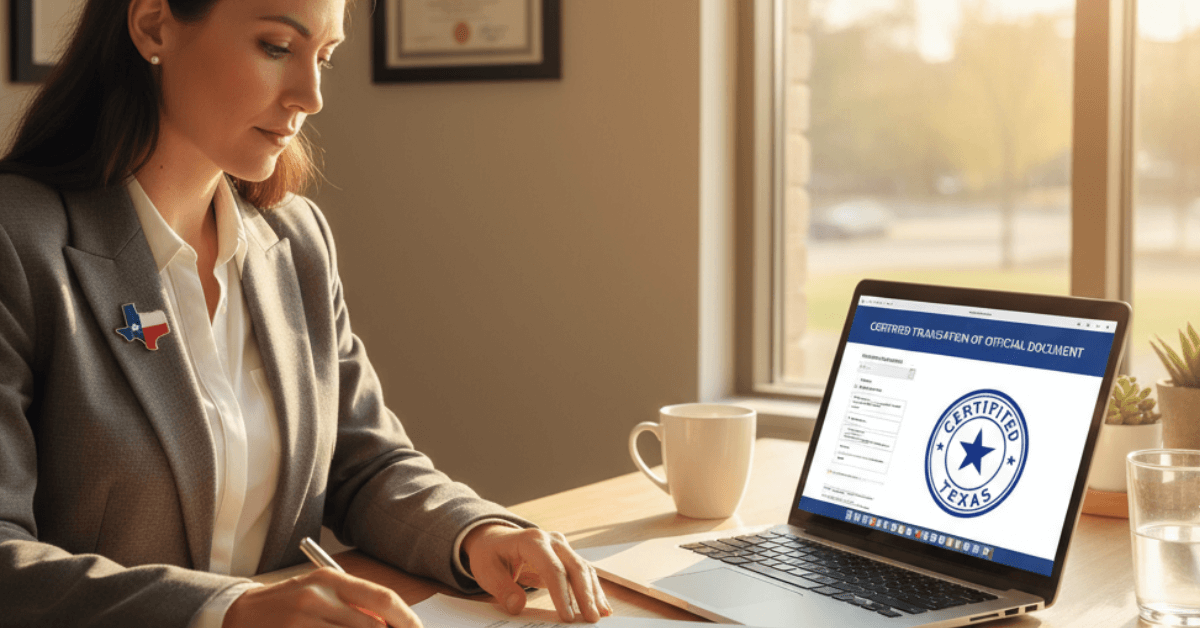 translator certification texas — professional translator reviewing USCIS documents in a Texas office