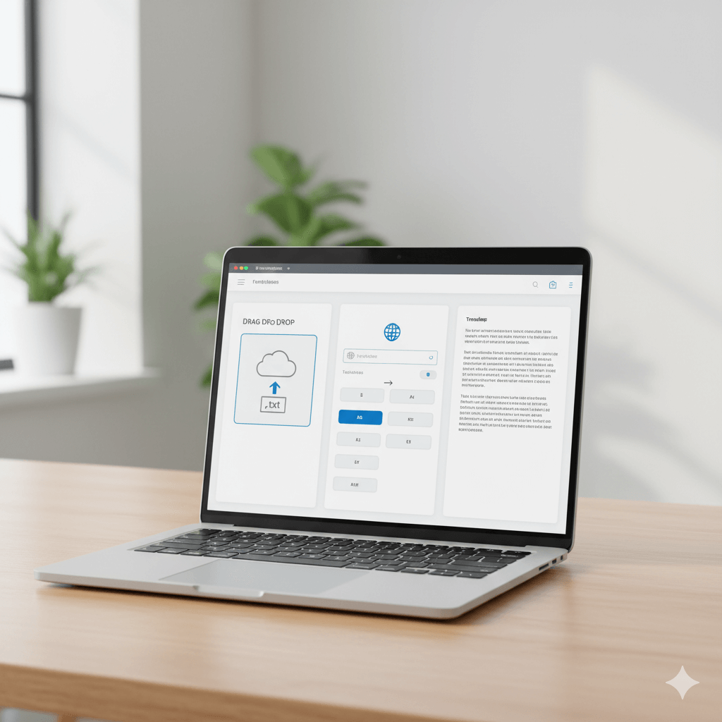 txt translate interface on laptop with .txt upload, language selection, and clean translated output.