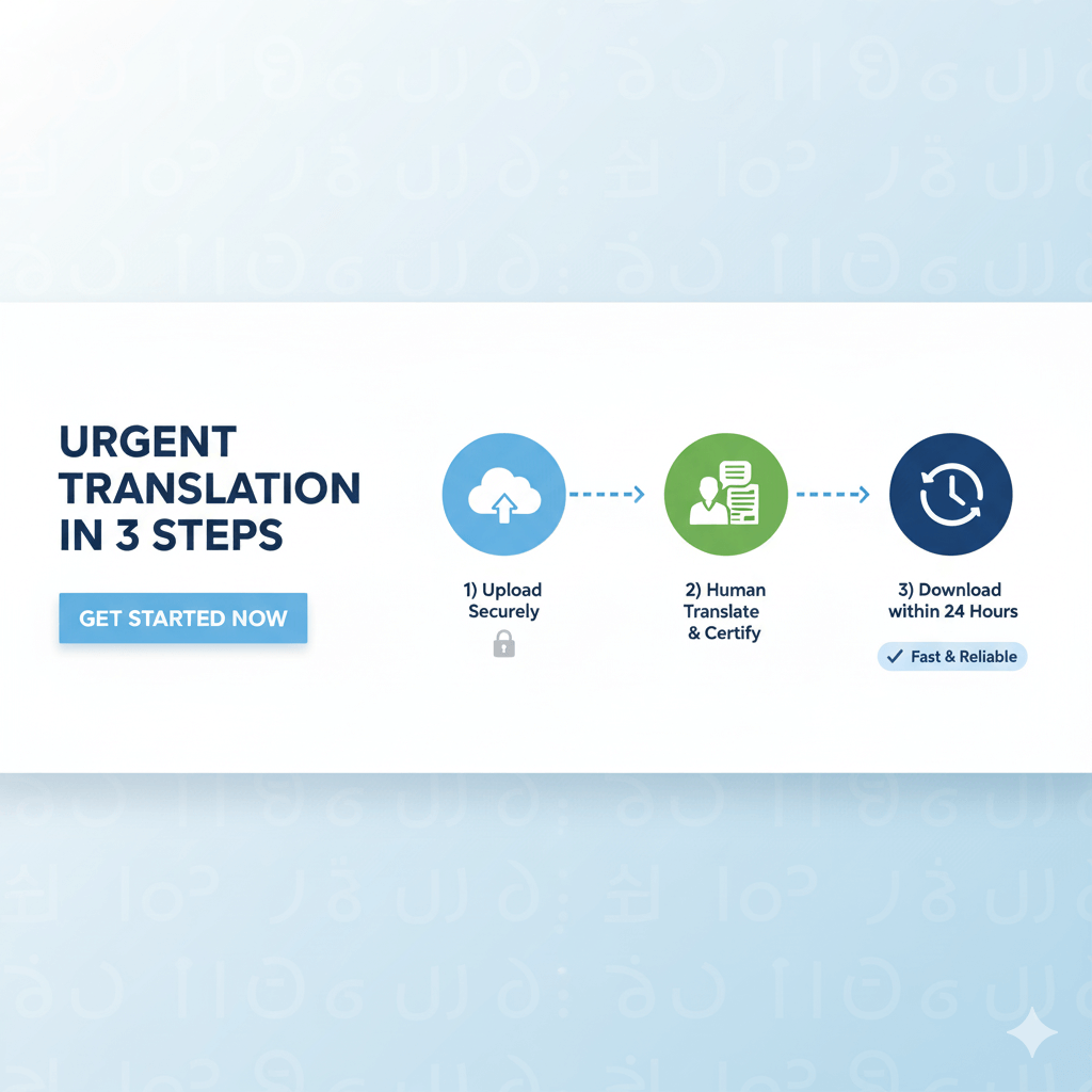 urgent translation service 24-hour process—upload, human translate and certify, download