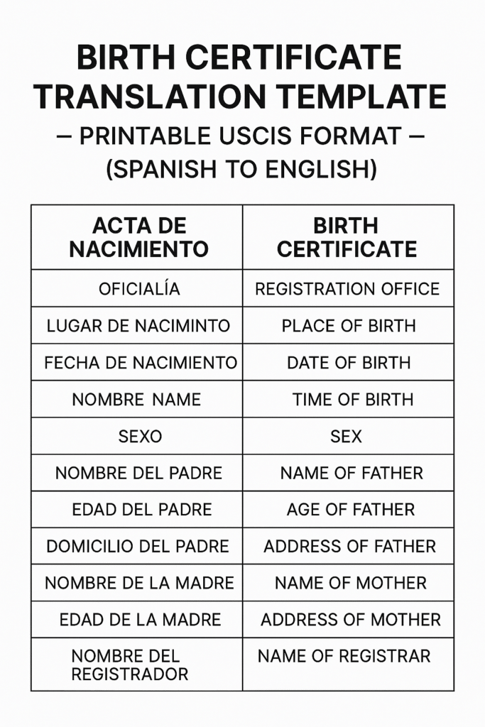uscis printable birth certificate translation template — spanish to english