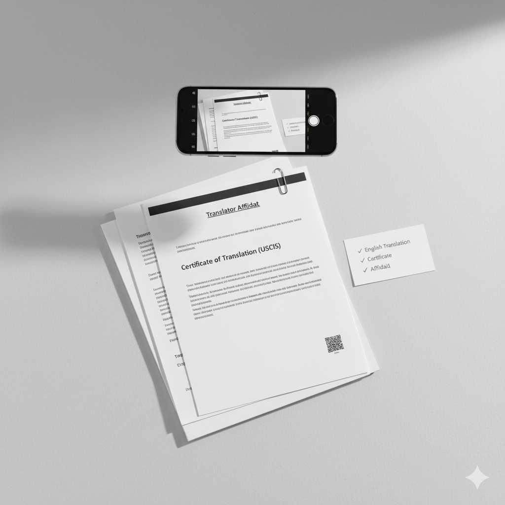 uscis translation certification template and translator affidavit packet arranged neatly for submission with scanning phone nearby