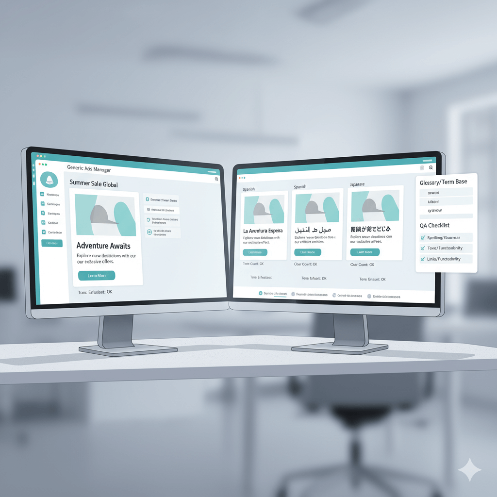 Advertising translation services dashboard showing ad copy adapted for multiple markets with glossary and QA checks.