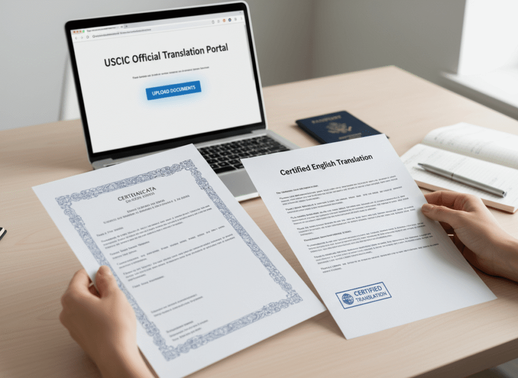 Applicant checking certified English translation of a birth certificate for USCIS on a professional translation portal.