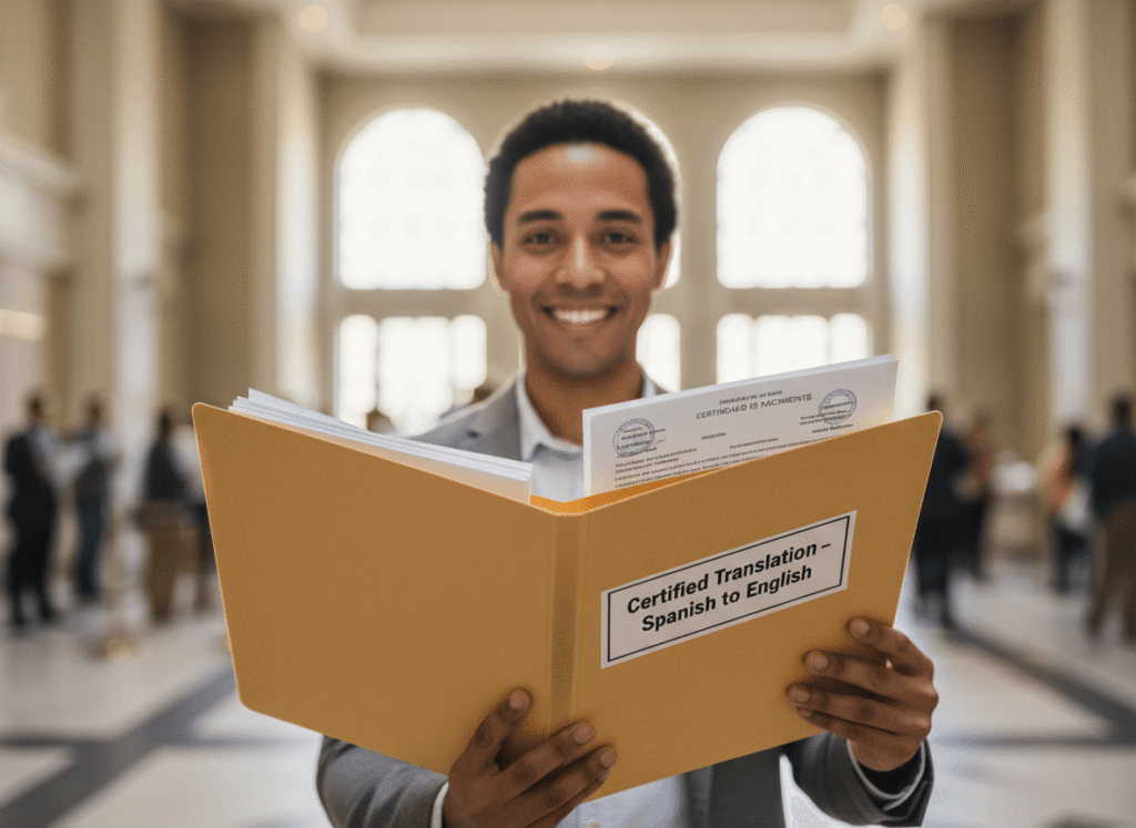 Applicant holding certified Spanish to English birth certificate translation outside an immigration office