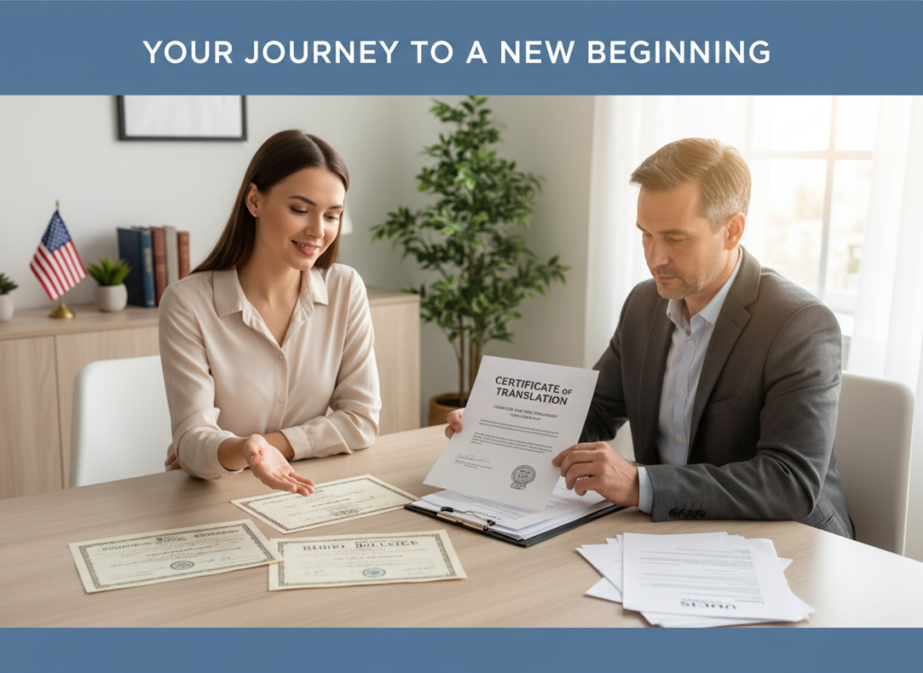 Applicant receiving professional help with certified translation of documents for USCIS submission