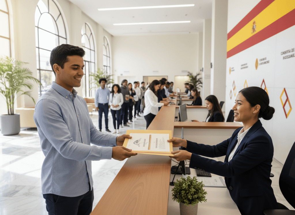 Applicant submitting birth certificate translated into Spanish at consulate desk