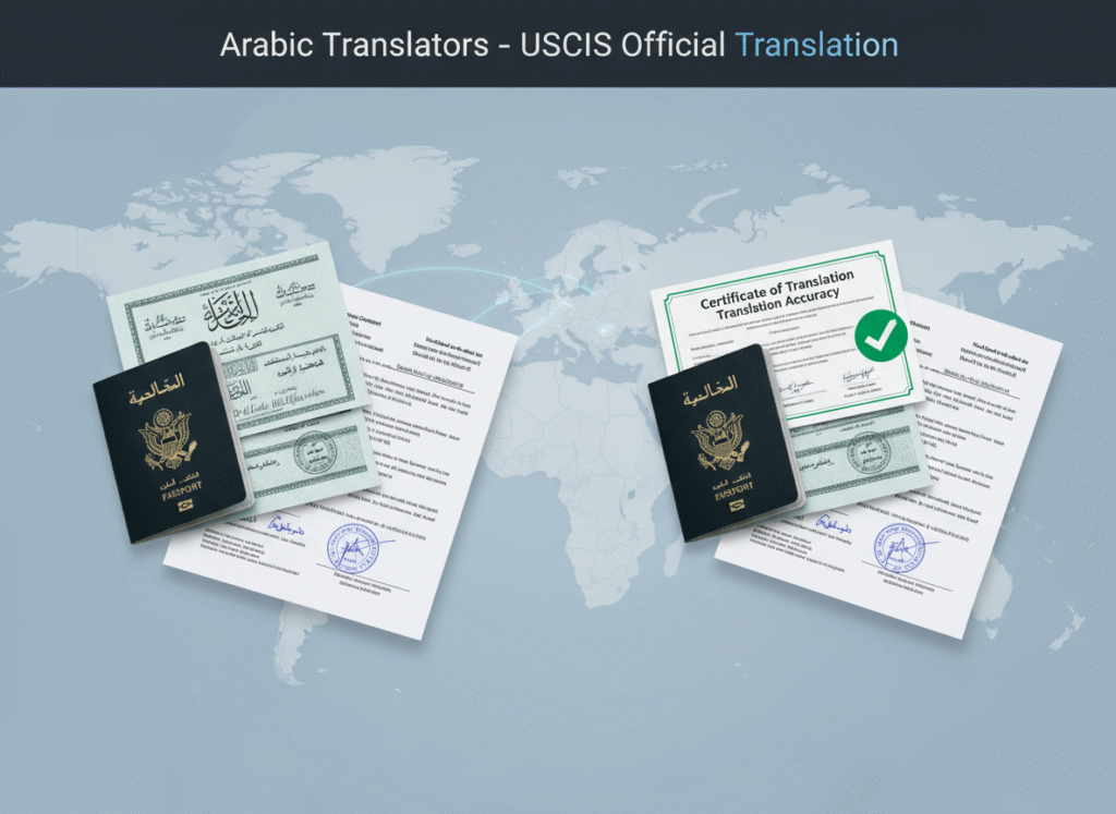 Arabic documents and certified English translations with certificate and approval checkmark
