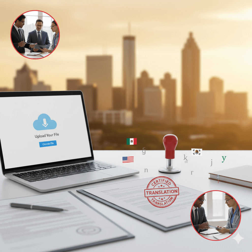 Atlanta skyline with certified documents and laptop upload screen representing translation services in Atlanta, GA