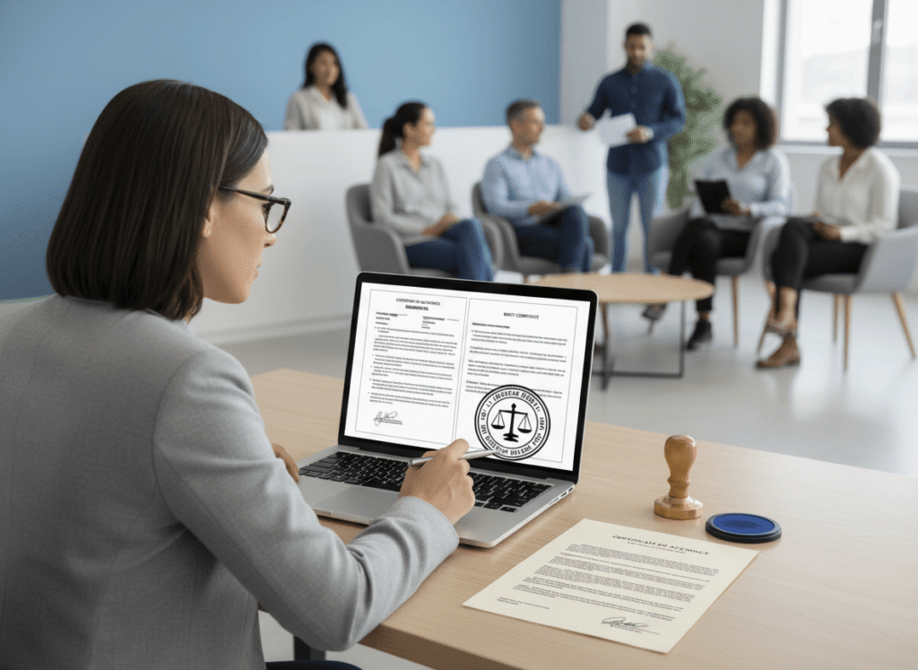 Authorized Spanish translator reviewing certified Spanish to English legal documents at a modern office desk