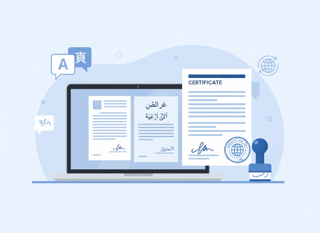 Authorized translation certificate with original and translated documents on a desk
