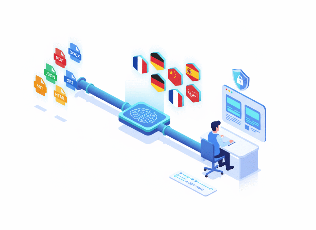 Automated translation services pipeline with human post-editing, secure workflow, and abstract multilingual output.