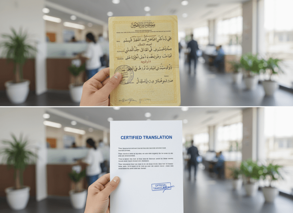 Before and after view of birth certificate translated to English with certified translation heading