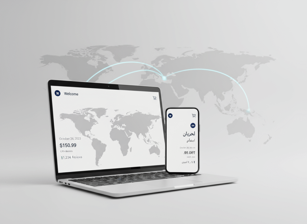 Best localization services visual: product UI on laptop and phone in multiple languages with RTL and LTR layouts.
