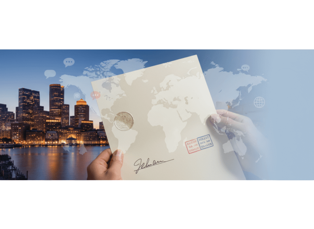 Boston skyline with certified translation document symbolising professional translation services in Boston MA