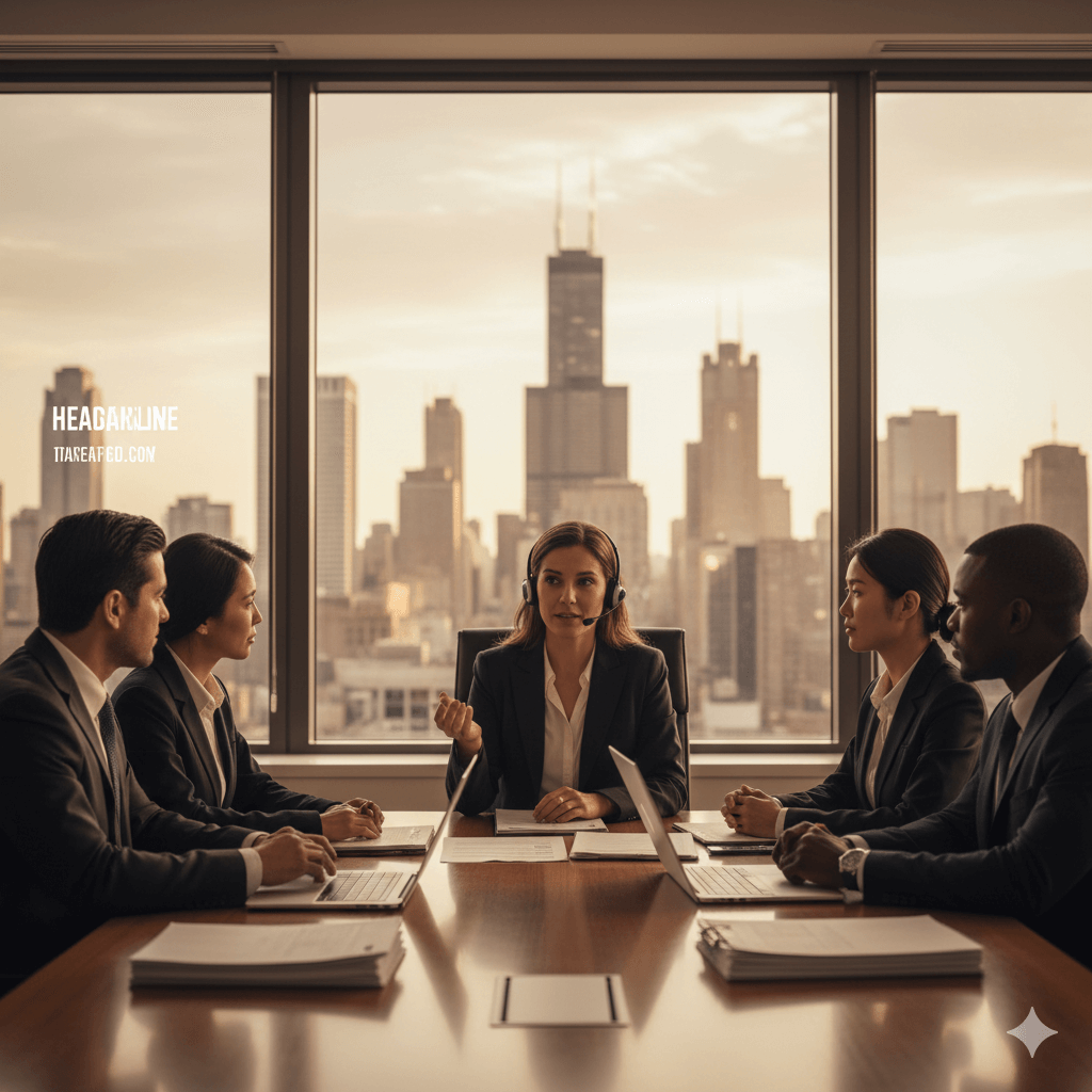 Business meeting in a Chicago high-rise with interpreter support — professional translation services for companies in Chicago.