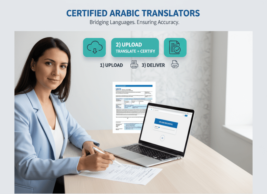 Certified Arabic translator reviewing Arabic and English documents for USCIS submissions