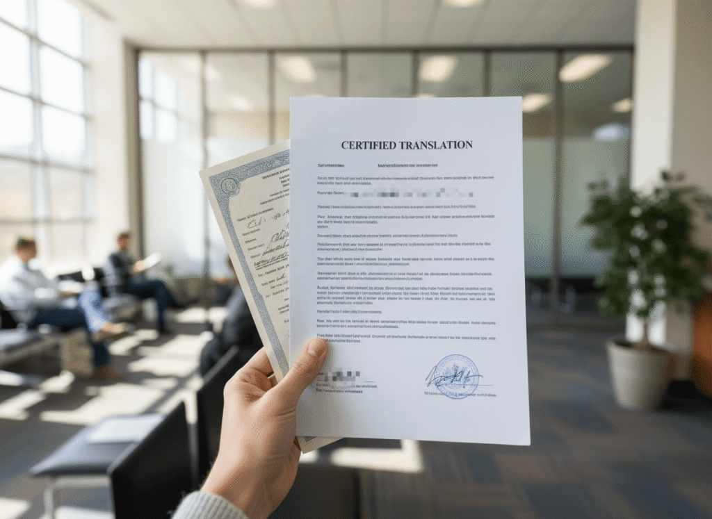 Certified English translation attached to an original birth certificate in a US immigration setting