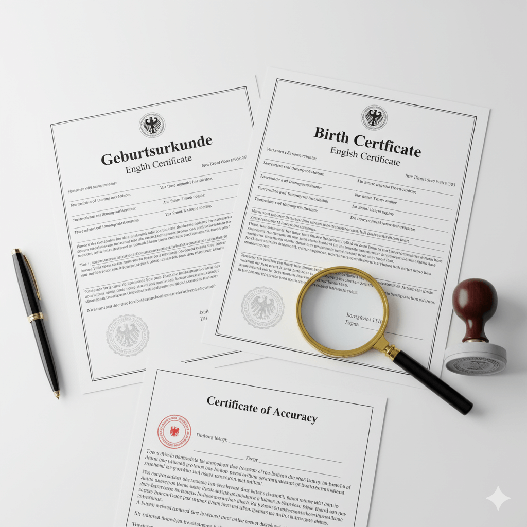 Certified German to English translation service with approval stamp and mirrored formatting.