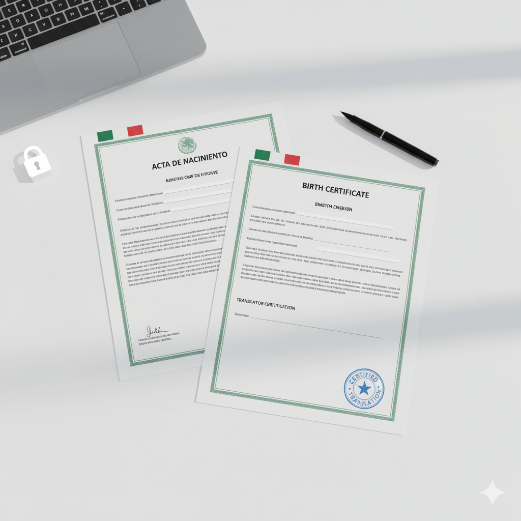 Certified Mexican Spanish to English translation with generic stamp and translator certification on a clean white desk