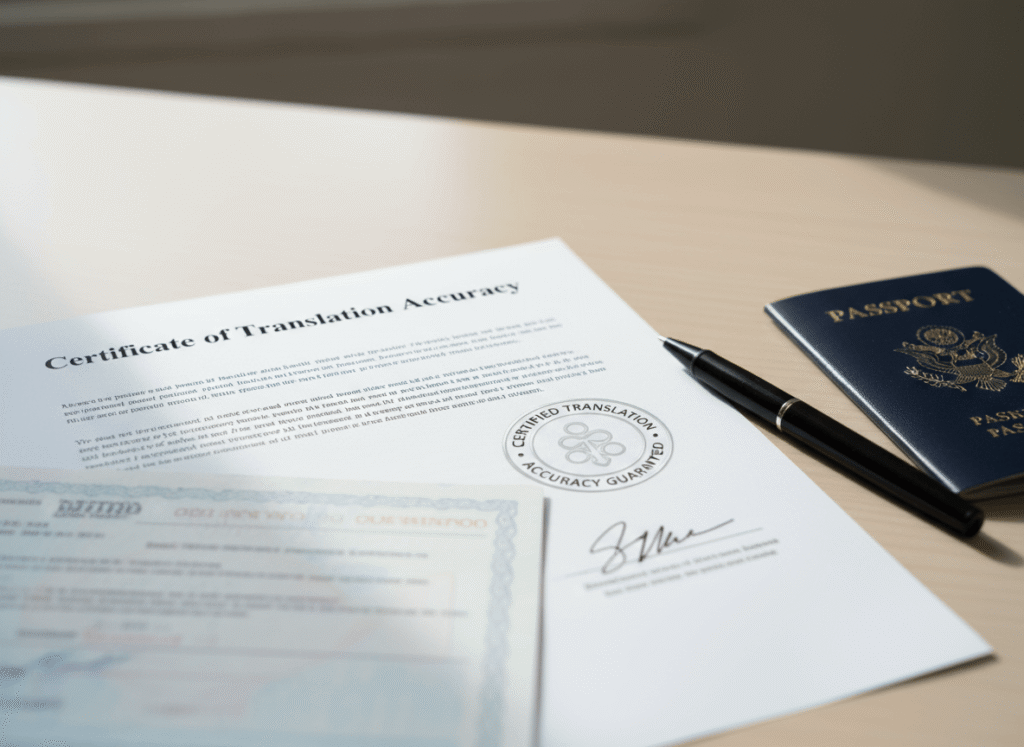 Certified Spanish to English translation with stamp and signature for immigration