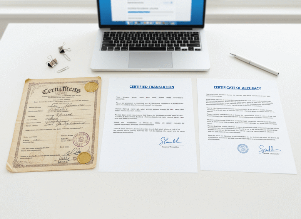 Certified birth certificate translation with English version and certificate of accuracy on a desk