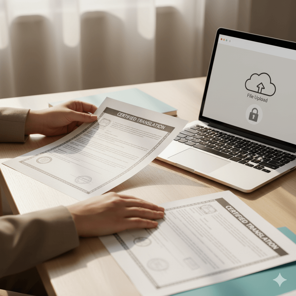Certified document translation in Chicago — official papers prepared securely on a desk, ready for submission.