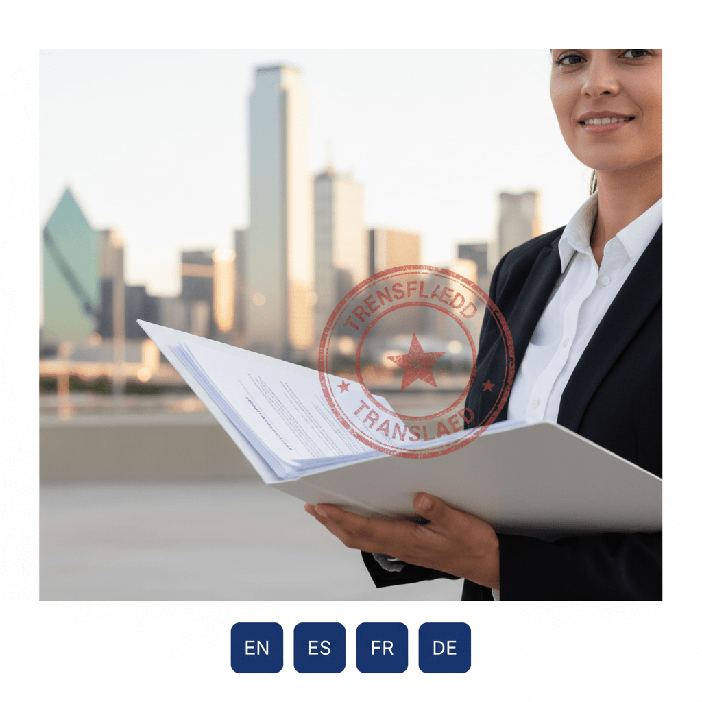 Certified translation Dallas—professional holding translated documents with subtle city