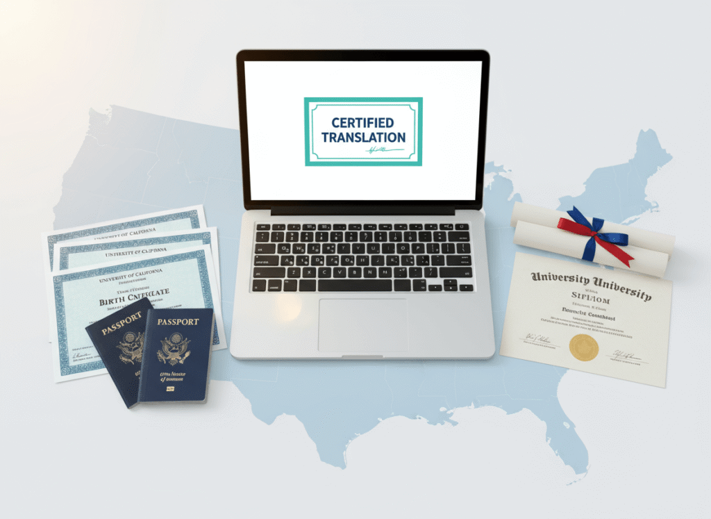 Certified translation USA documents including passport, certificates and laptop on a professional desk