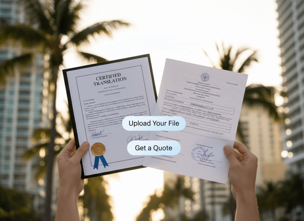 Certified translation document in hand with Miami background and online upload concept.