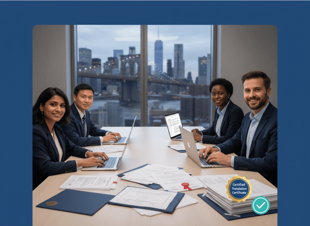 Certified translation services Brooklyn with professional translators and Brooklyn skyline in background