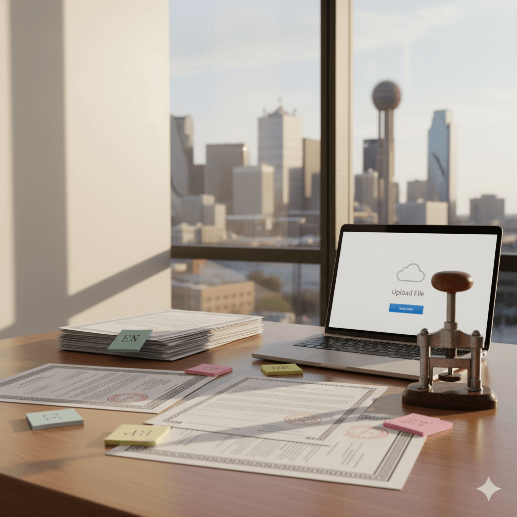 Certified translation services Dallas TX hero—desk, documents, notary seal, skyline view