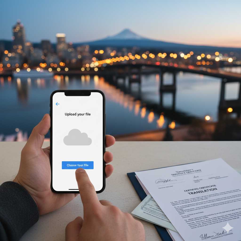 Certified translation services Portland Oregon — mobile file upload with translated certificate and certification letter