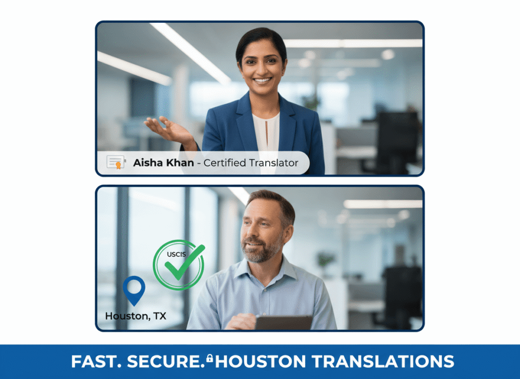 Certified translator on video call helping a Houston TX client with secure document translation.