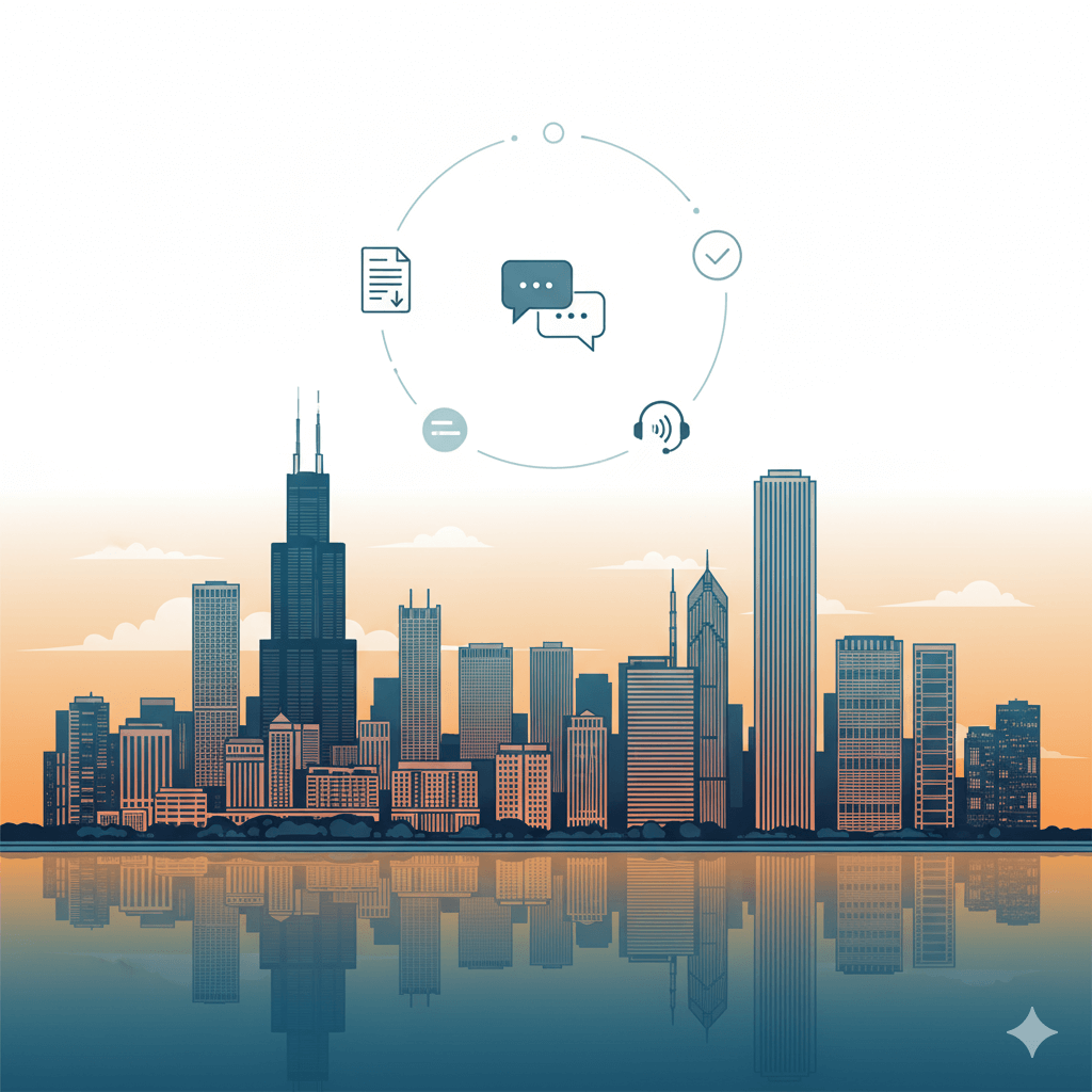 Chicago translation — modern skyline illustration with subtle document and language icons suggesting professional translation services.