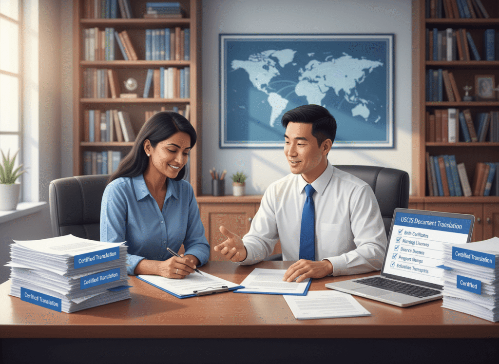 Client discussing who can translate documents for USCIS with a professional certified translator in an immigration office