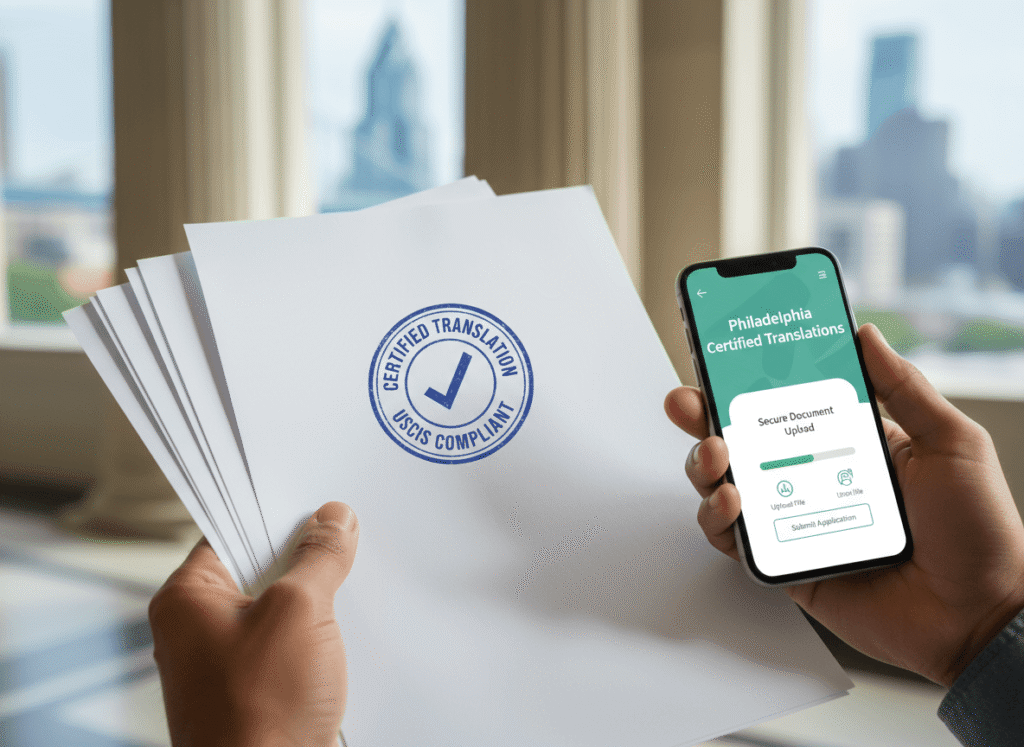 Client holding certified translation documents in Philadelphia with secure mobile upload