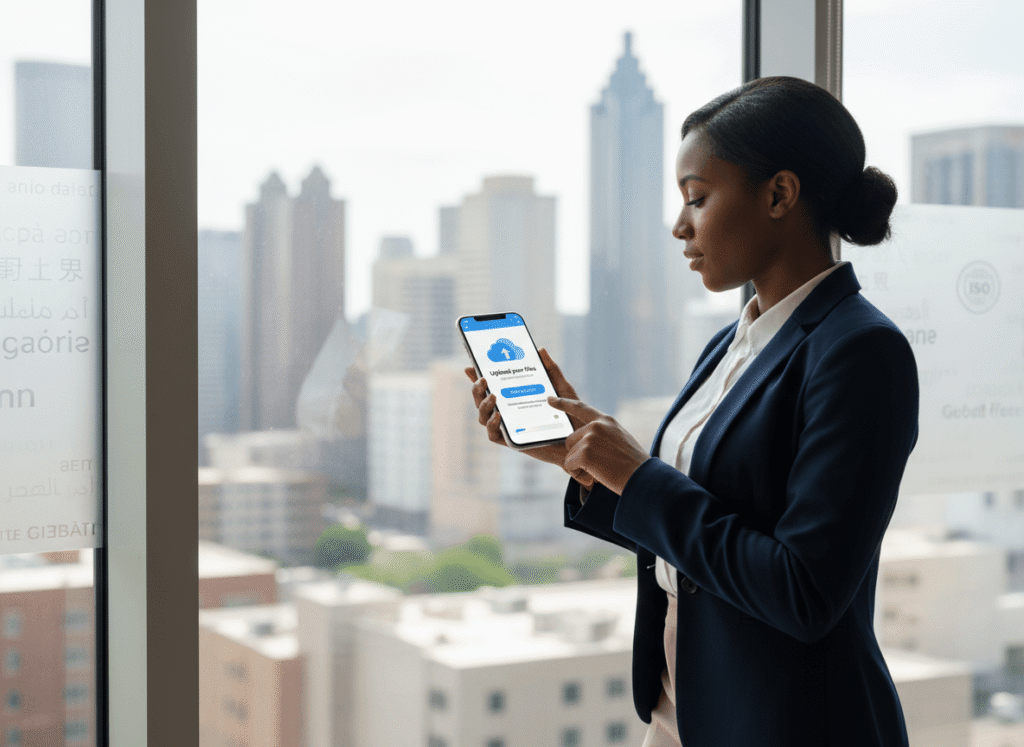 Client in Atlanta using mobile to upload documents for professional translation services online.