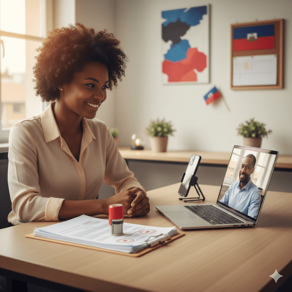 Client on a video call receiving Creole to English translation support for immigration documents.