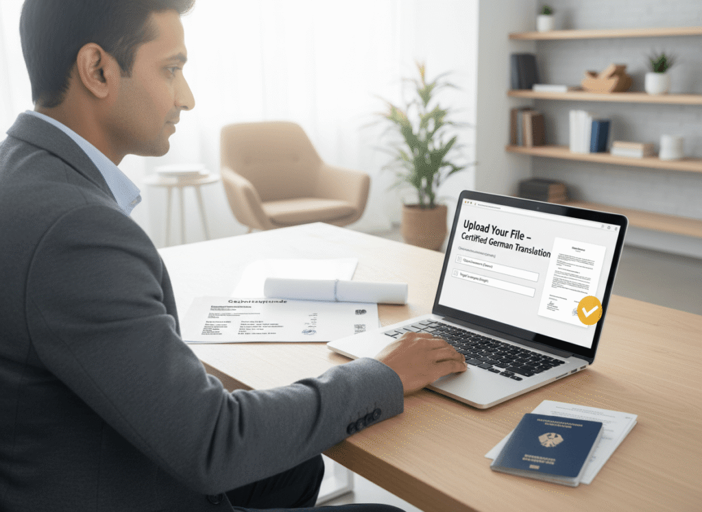 Client uploading German documents online for certified German translation near me on a laptop