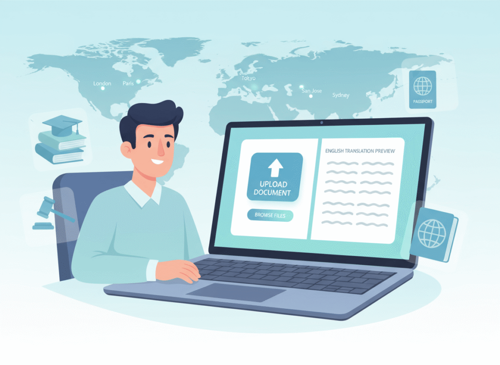 Client uploading documents online for authorized translation and official English translation service