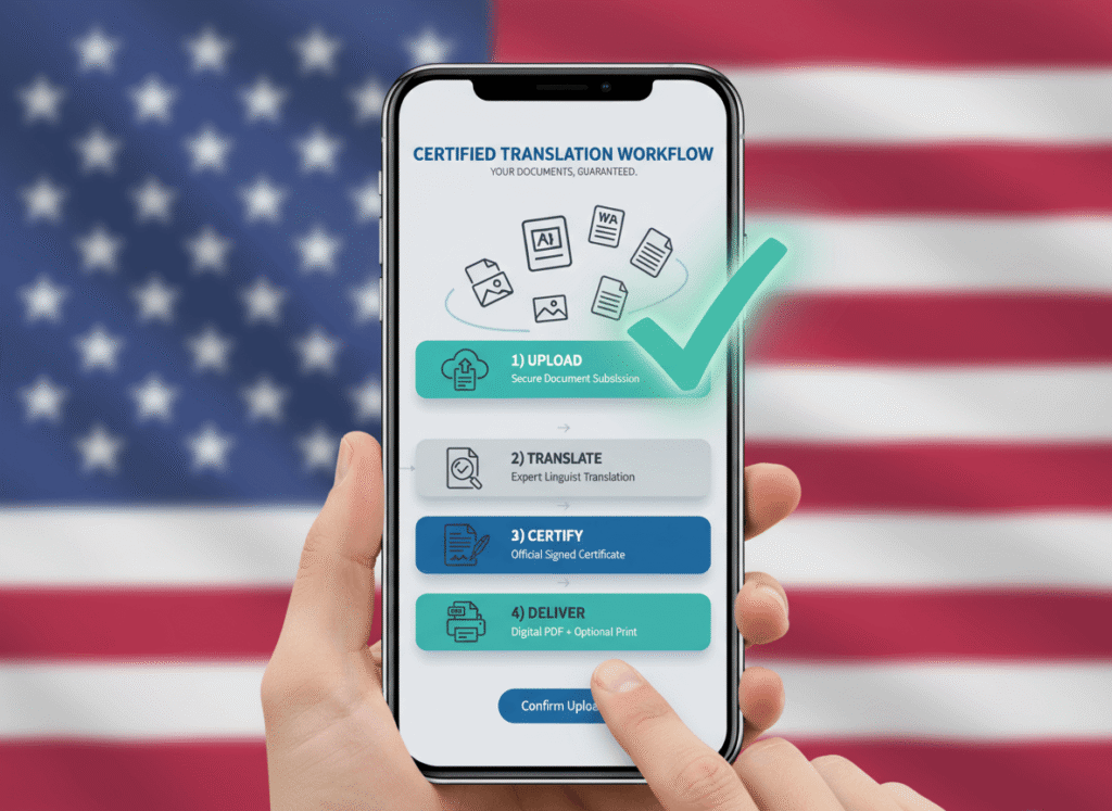 Client uploading files for certified translation USA service on secure mobile portal