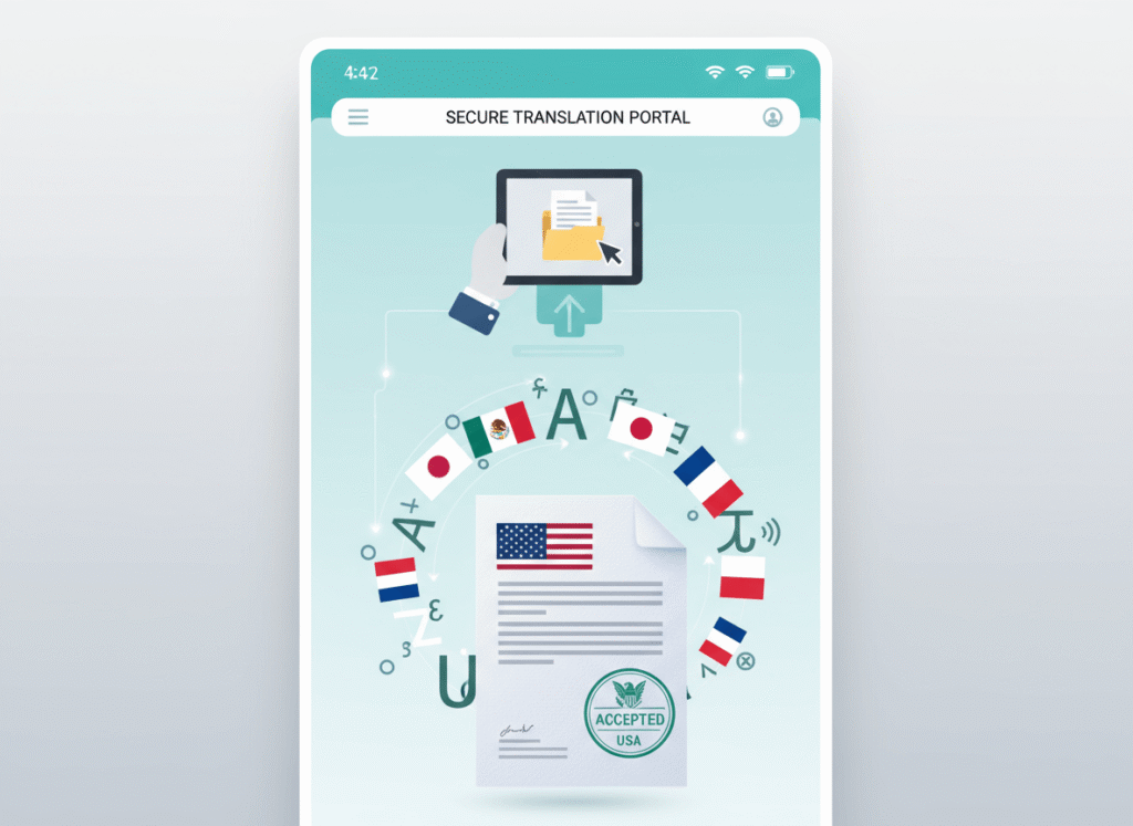 Client using America translation agency online platform to upload files for certified American translation services
