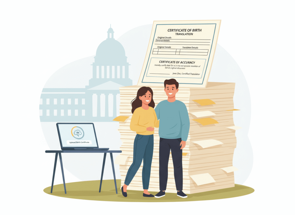 Couple holding approved documents after submitting English translation of birth certificate for immigration