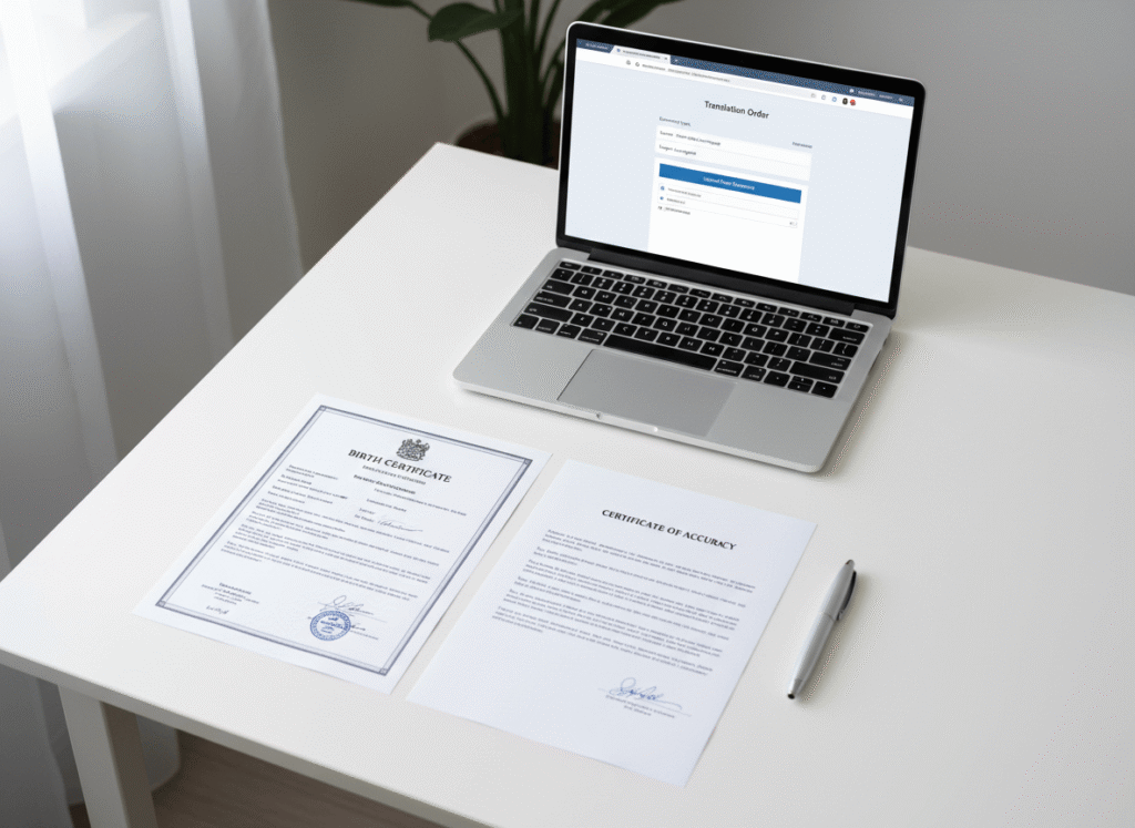 Desk showing where you can get your birth certificate translated with original, English version and certificate of accuracy