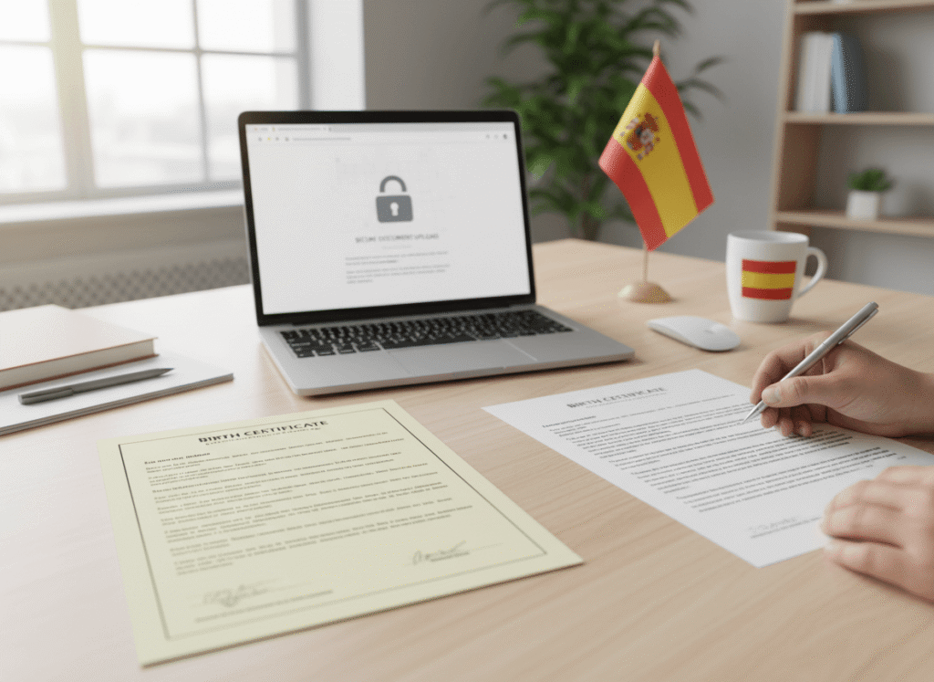 Desk with birth certificate translated to Spanish by a professional translator