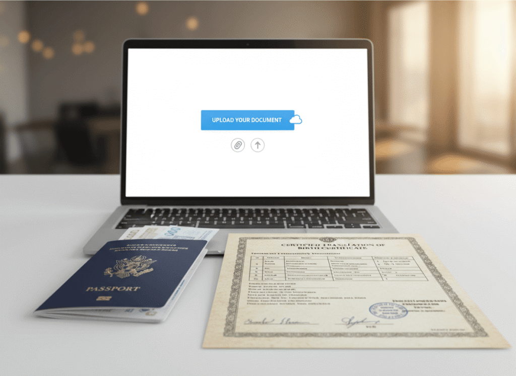 Desk with passport and birth certificate being translated to English using an online service