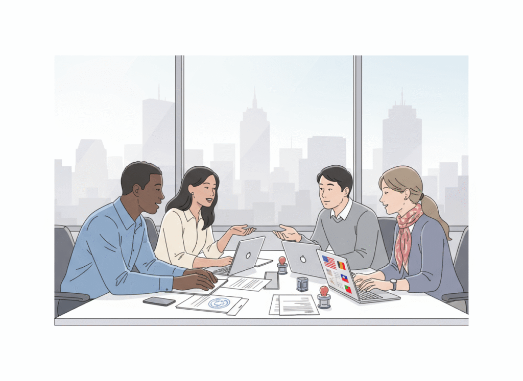 Diverse team in a Boston office working on certified translation services with documents and laptops