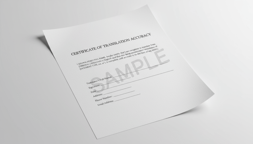 Example of a USCIS certificate of translation accuracy with translator’s signature and compliance statement.