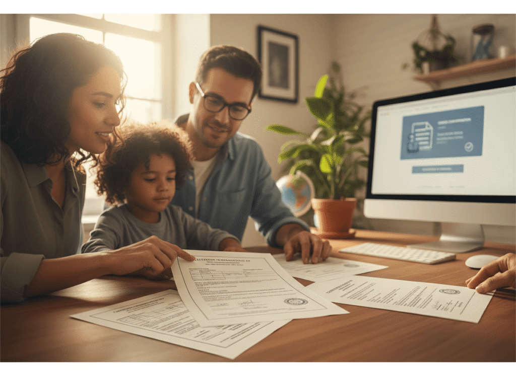 Family reviewing a certified birth certificate translation for a USCIS immigration application