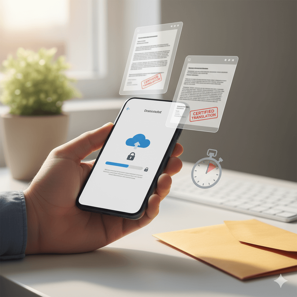 Fast certified German translation near me—upload documents by phone and receive stamped English copies.